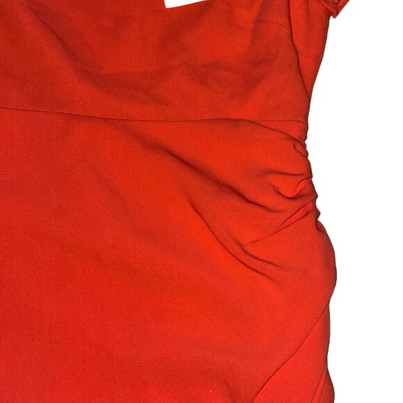 Cinq A Sept Imogen Dress Women's 6 Hot Coral Ruched Crepe S/S Back Side Zip NWT - Picture 3 of 9